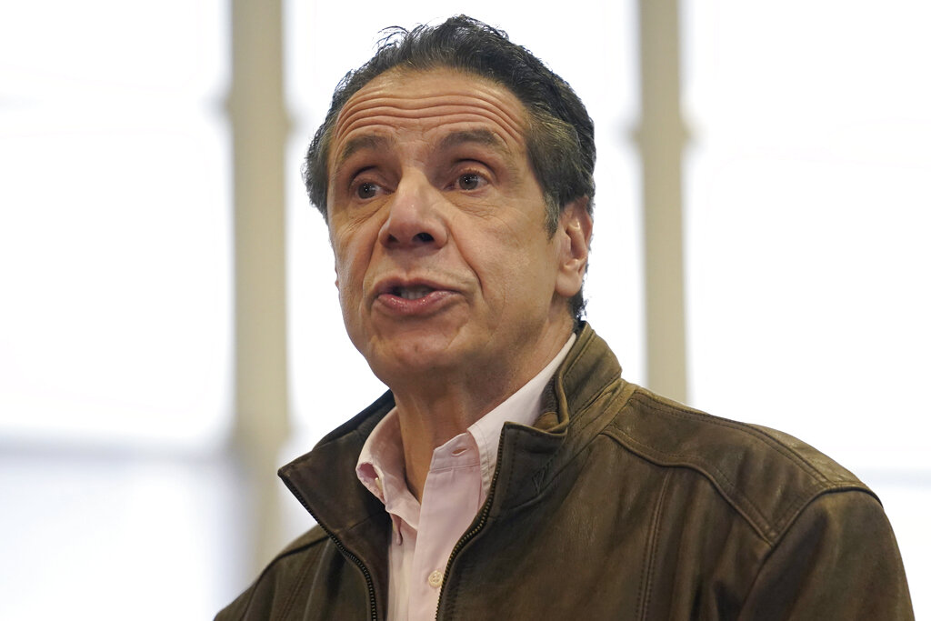 New York Gov. Andrew Cuomo speaks during a news conference at a COVID-19 vaccination site in the Brooklyn borough of New York, Monday, Feb. 22, 2021. (AP Photo/Seth Wenig, Pool)