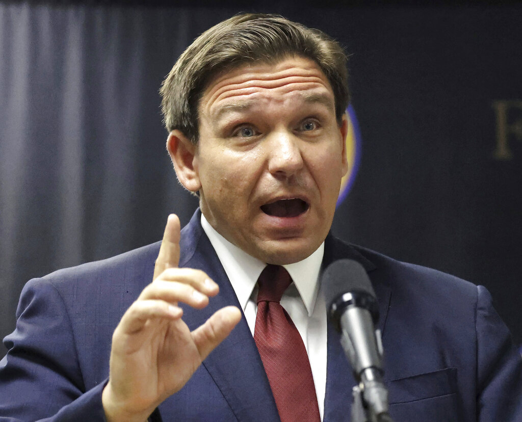 Fla. Gov. DeSantis: Men cannot get pregnant 1 Florida Gov. Ron DeSantis arrives to announce a proposal for an increase in pay for state law enforcement agencies to encourage more officers to relocate to Florida, during a news conference at the Florida Highway Patrol Troop D headquarters in Orlando, Fla. Monday, Nov. 29, 2021. (Joe Burbank/Orlando Sentinel via AP)