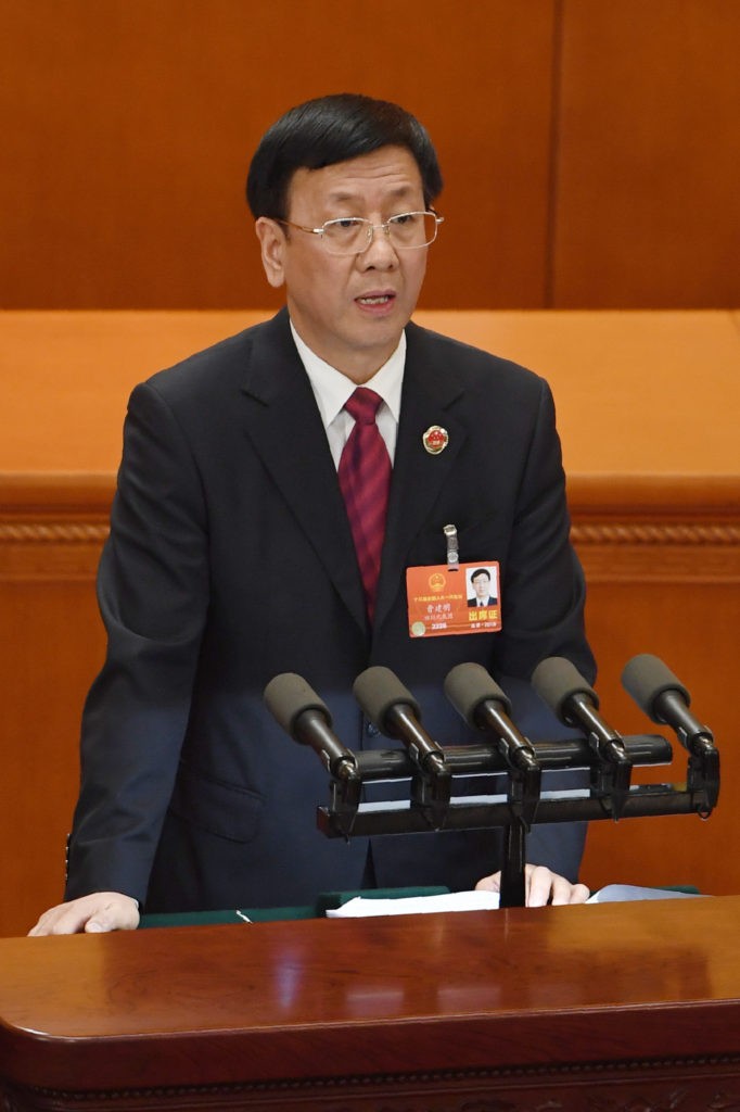Cao Jianming, procurator-general of Supreme People's Procuratorate, delivers the work report during the second plenary session of the first session of the 13th National People's Congress (NPC) at the Great Hall of the People in Beijing on March 9, 2018. / AFP PHOTO / GREG BAKER (Photo credit should read GREG BAKER/AFP via Getty Images)