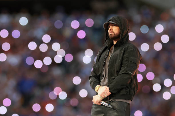 Eminem performs during the Pepsi Super Bowl LVI Halftime Show at SoFi Stadium on February 13, 2022 in Inglewood, California.