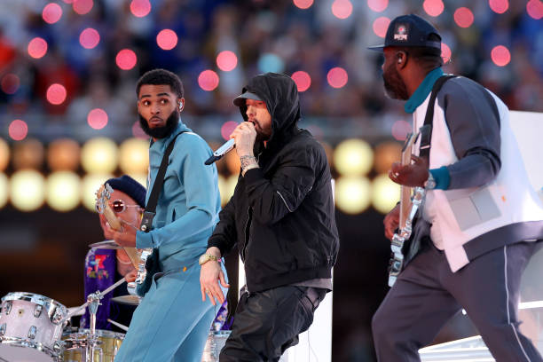 Anderson .Paak and Eminem perform during the Pepsi Super Bowl LVI Halftime Show at SoFi Stadium on February 13, 2022 in Inglewood, California.