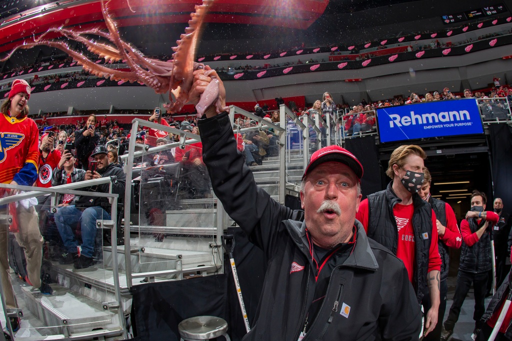 Red Wings Zamboni Driver Sues Team After Being Fired for Peeing in Drain 2 Al Sobotka swings an octopus at a Red Wings game.