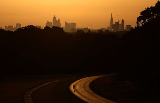 PHOTO: A cyclist rides through Richmond Park at sunrise during a heatwave in London, on July 18, 2022. (Hannah Mckay/Reuters)