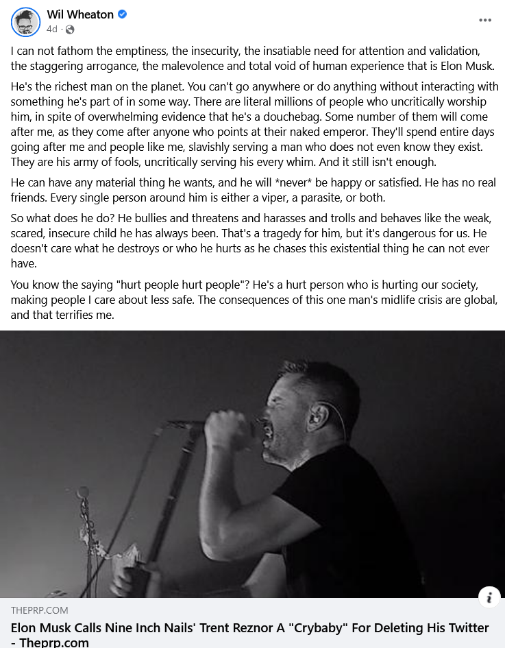 “Star Trek” Actor Wil Wheaton Cries Over Twitter CEO Elon Musk “He’s Hurting Our Society and